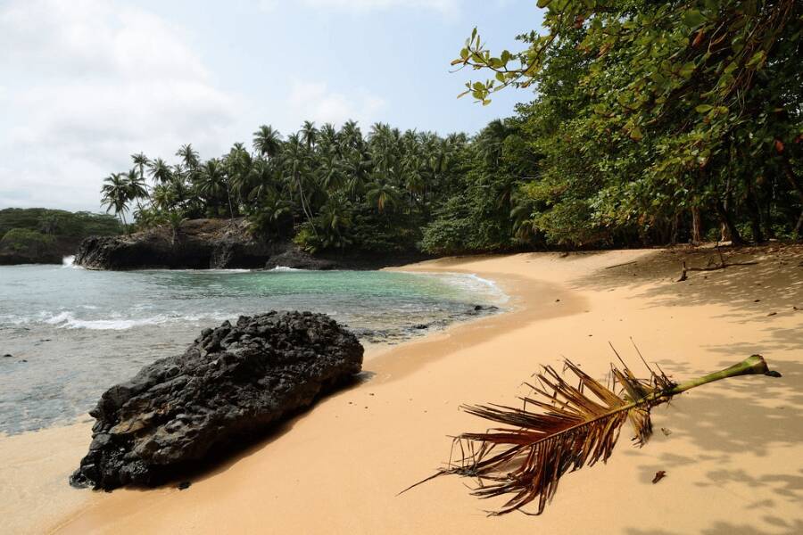 A areia dourada e a vegetação intocada da Praia Piscina, em São Tomé e Príncipe