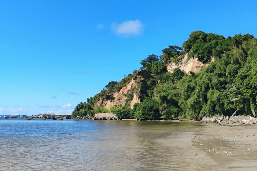 Encosta de terra e falésias cobertas de vegetação tropical densa junto à areia molhada de uma praia tranquila na ilha de Morro de São Paulo, Bahia.